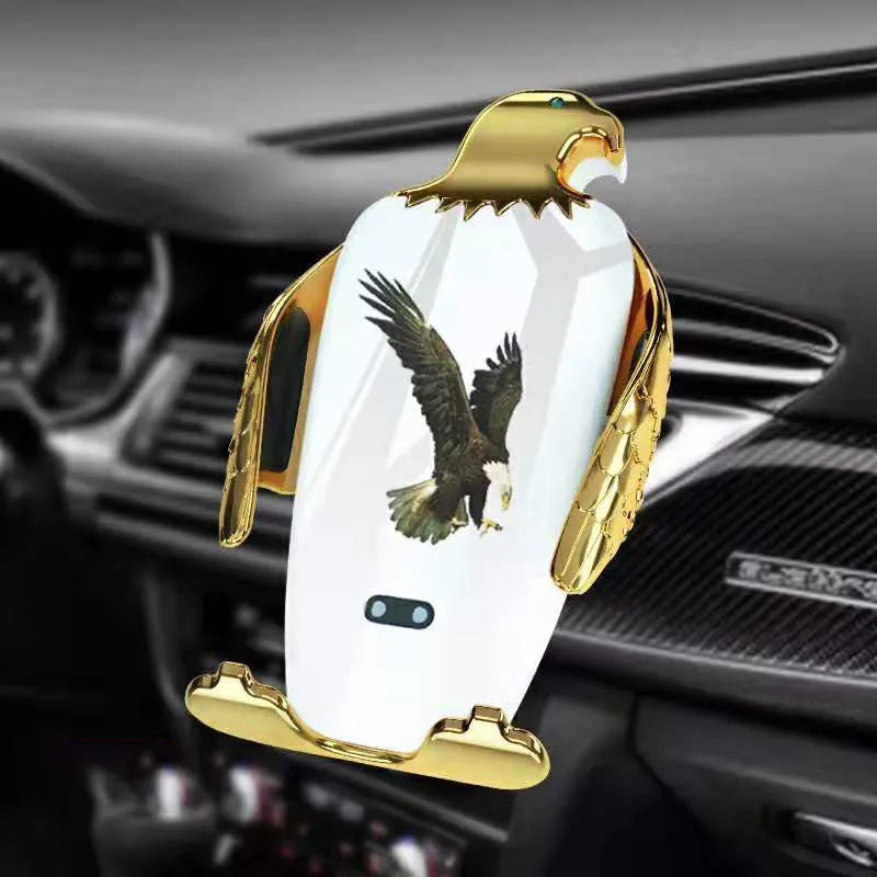 Eagle-style wireless charging car phone holder with suction cup mount in black and gold colour