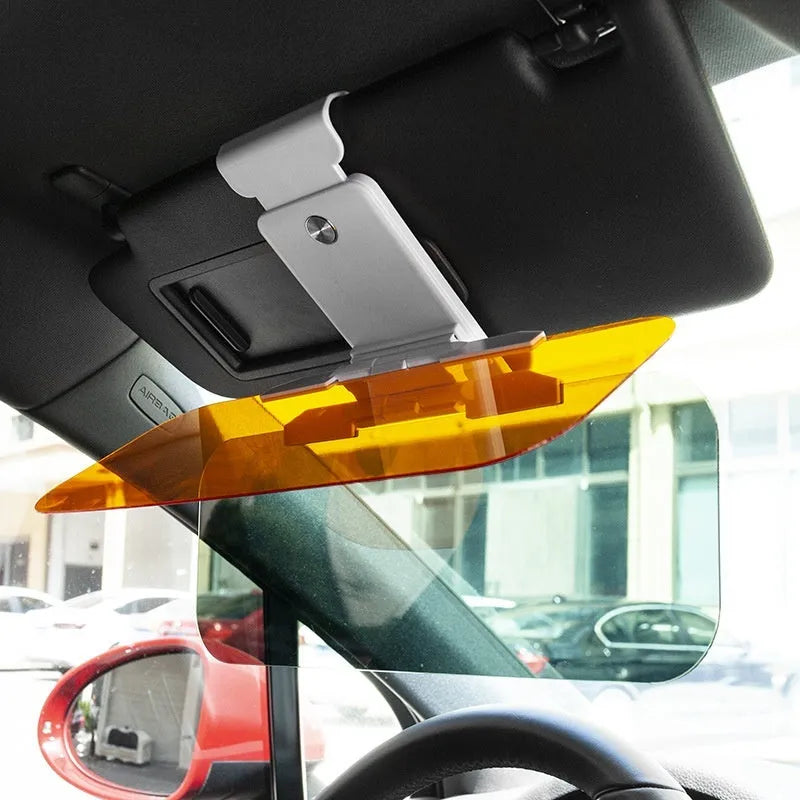 Dual-function anti-high beam goggles and car sun visor with telescopic arms for universal fitting.