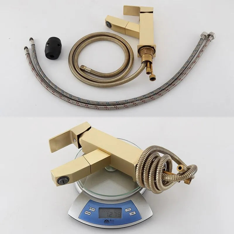 Square pull faucet with brass construction and brushed gold finish for hot and cold water control