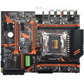 Black X99 computer motherboard with LGA2011-3 socket, four DDR4 slots, and dual PCI-E x16