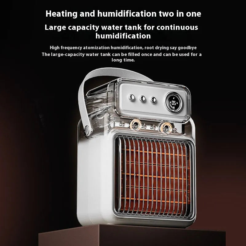 White 1200W PTC room heater with humidifying function on a tabletop.