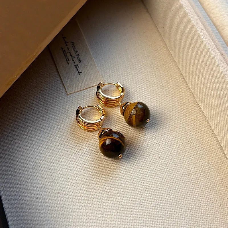 Geometric tigereye earrings with gold plating in brown or black French retro style