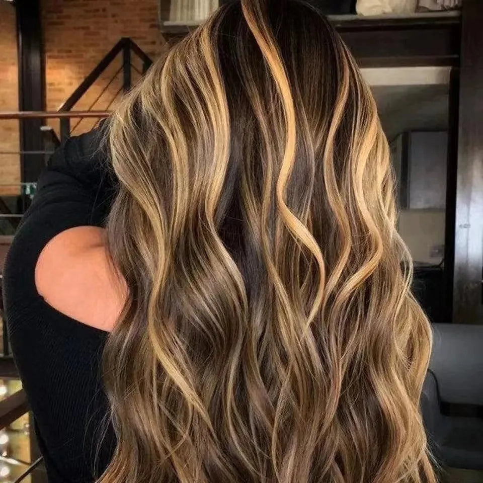 Front lace wig with African black gradient colour and big waves, featuring side bangs.