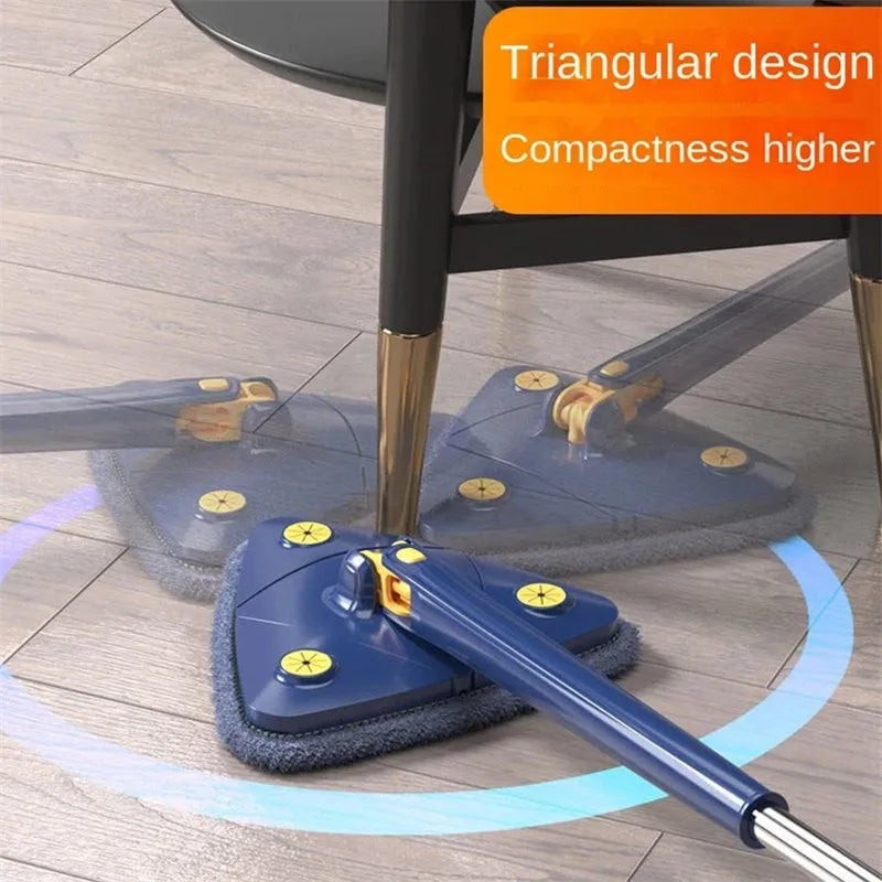 Blue triangular cleaning mop with a 360-degree rotating head and extended stainless steel pole on a tile floor.