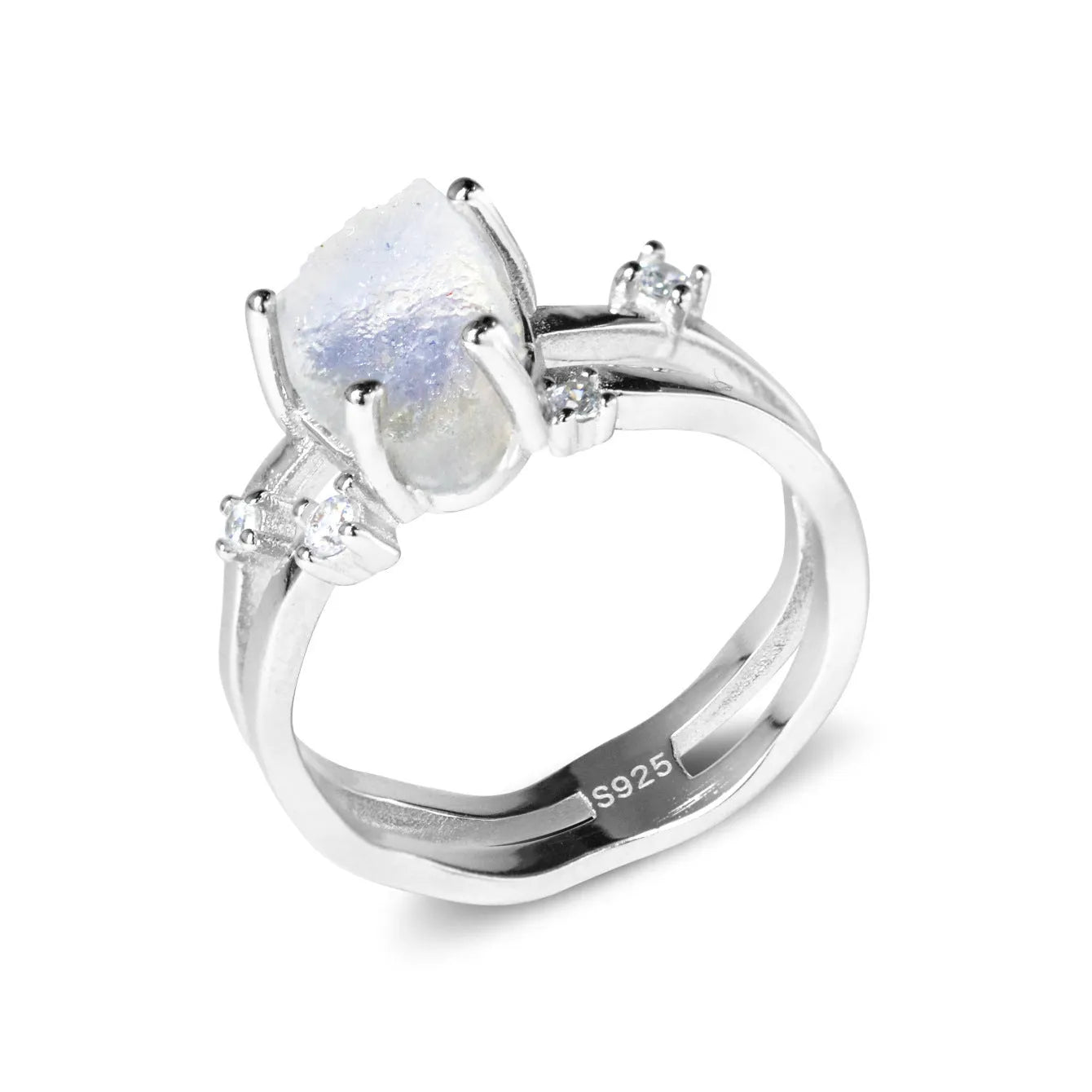 S925 sterling silver irregular triangle moonstone ring in rose gold, white gold, or yellow gold finish.
