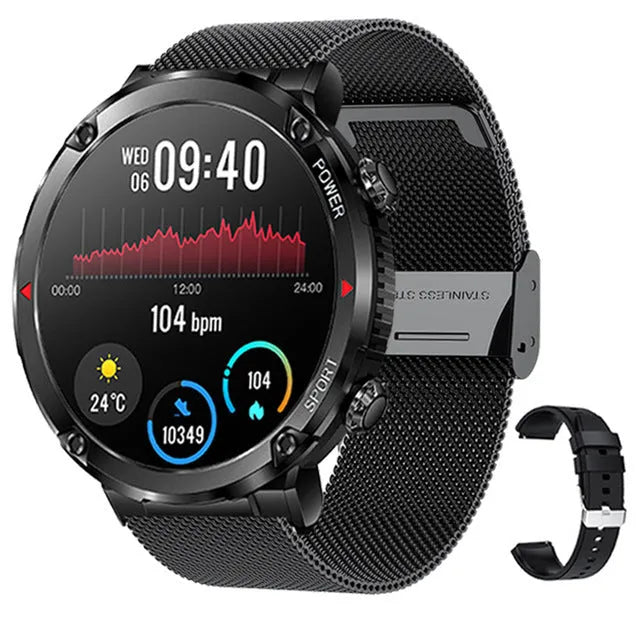 T30 Smart Watch with black silicone strap showing 52mm IPS touch screen displaying time and heart rate.