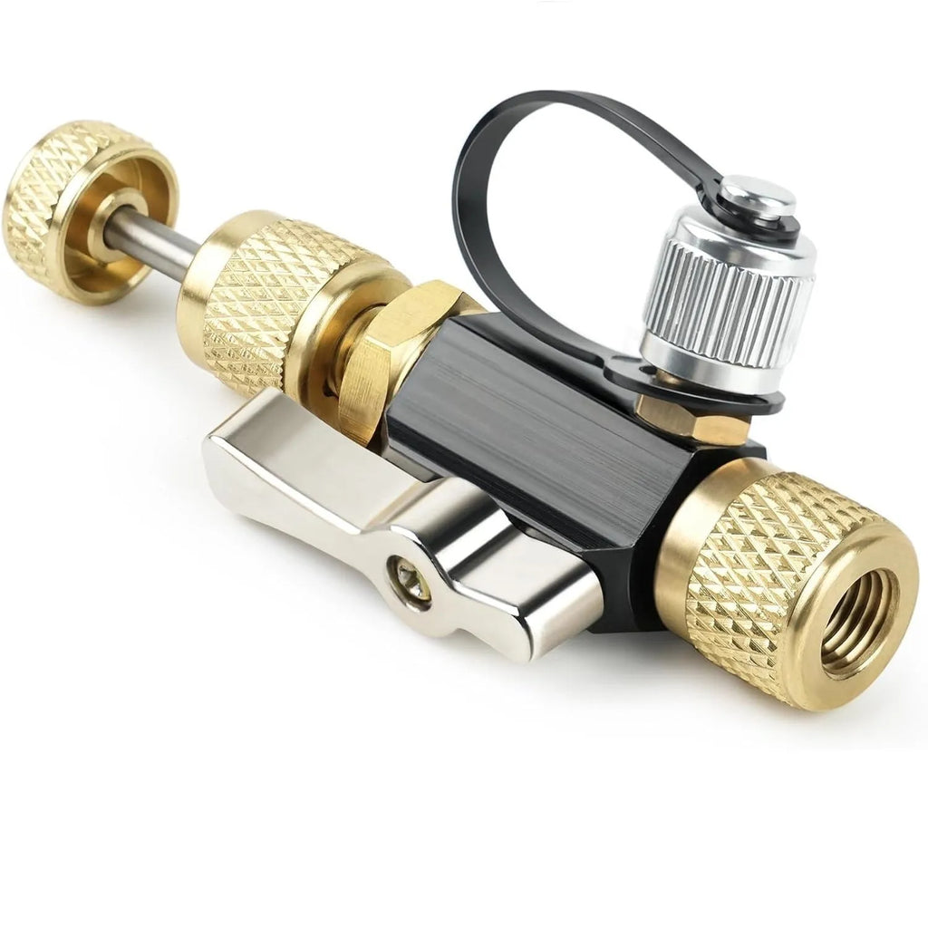 Vacuum valve core disassembly tool set showing metal valve removers in 1/4 inch and 5/16 inch sizes with four style configuration options