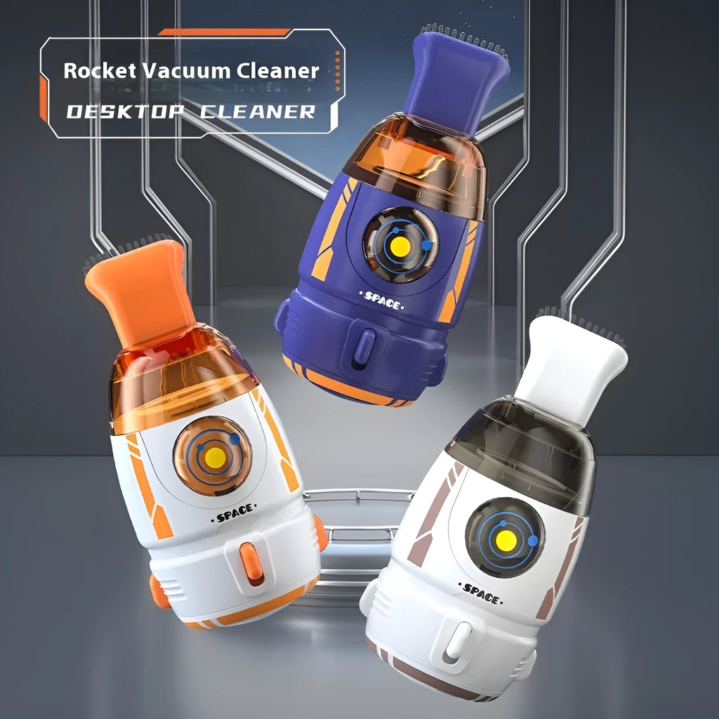USB rechargeable handheld desktop vacuum cleaner in blue rocket design on office desk