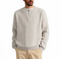 Men's grey half zip sweater with textured knit pattern and loose fit long sleeve design