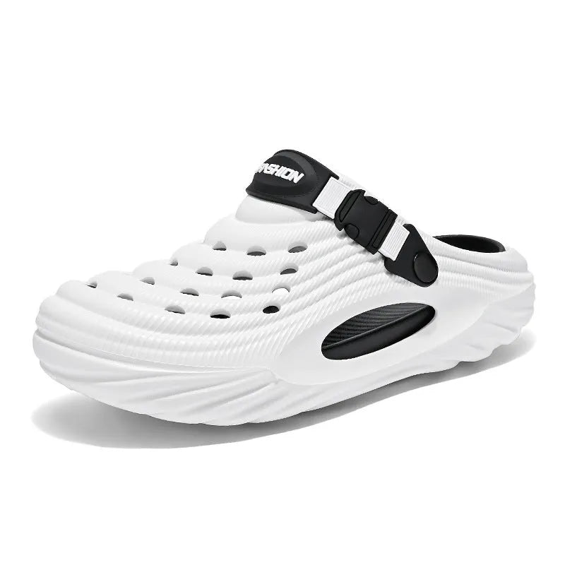 Men's casual platform slippers in light green with hollow-out detail on EVA upper