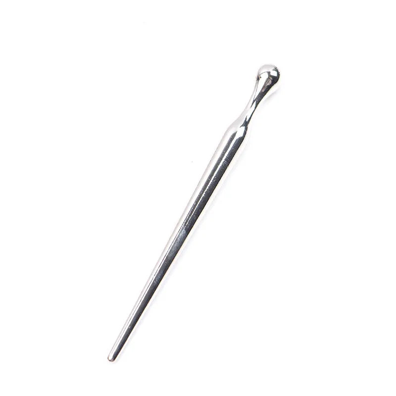 Silver stainless steel urethral plug stick with round beads and flared safety base