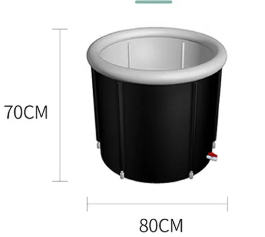 Black portable inflatable ice bath tub with weather lid showing 70x80cm dimensions for cold therapy recovery
