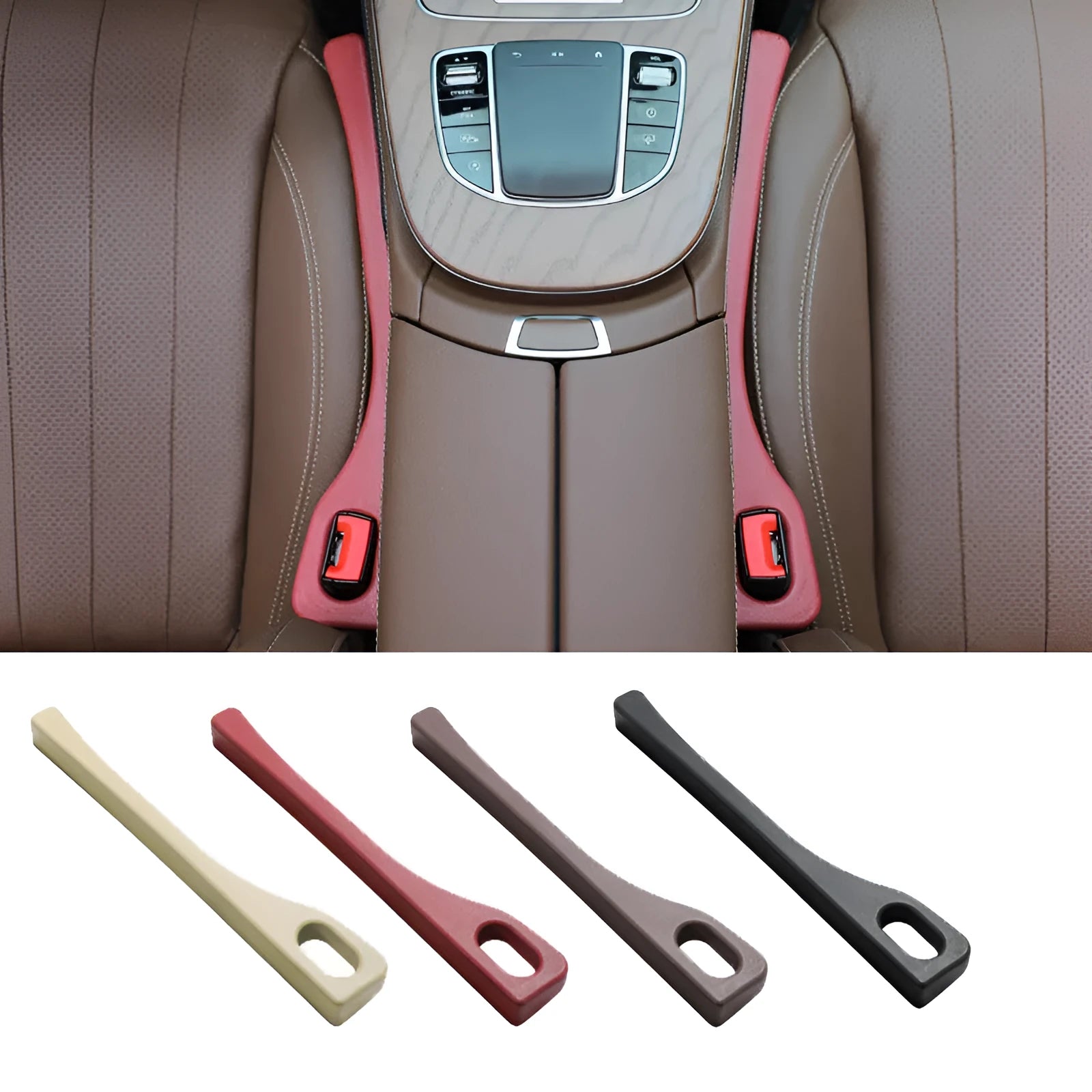 Black polyurethane car seat gap strip preventing items from falling between vehicle seats.
