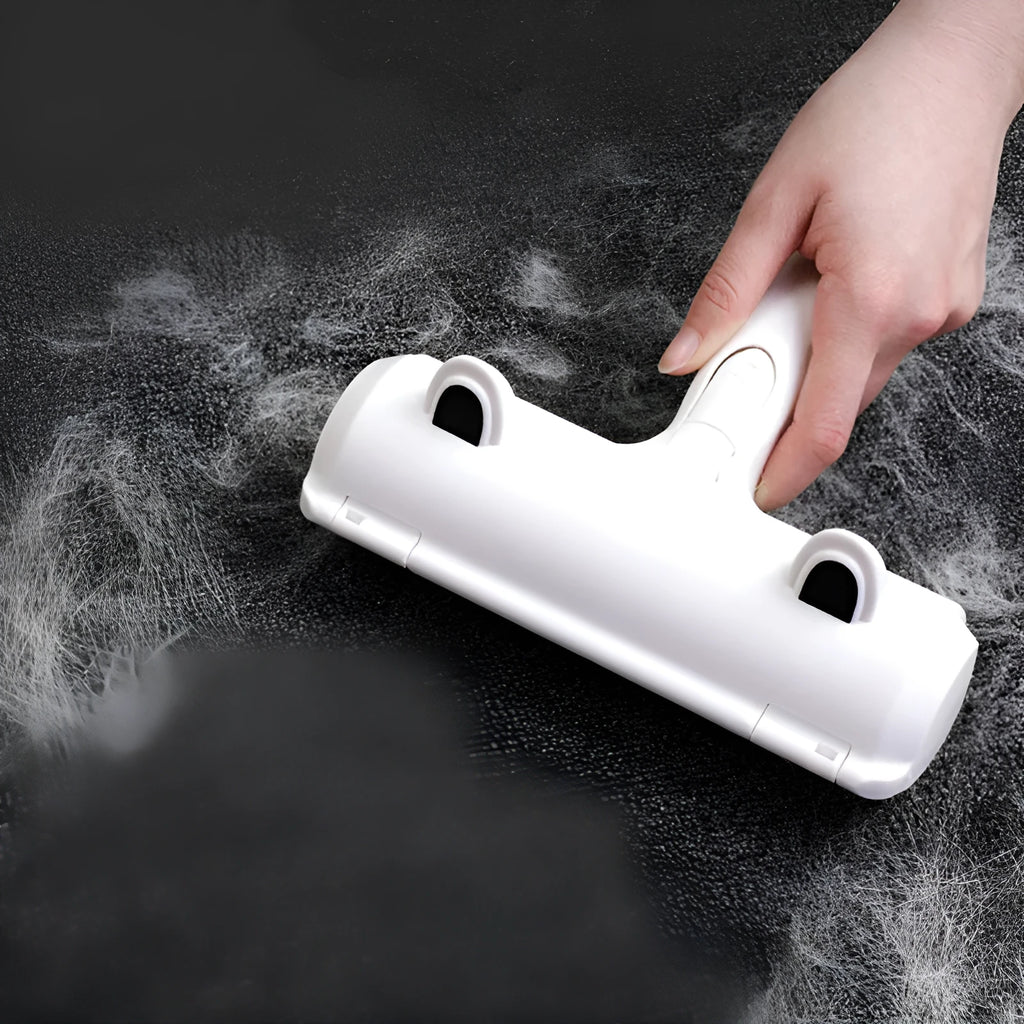 White reusable pet hair remover roller with dust compartment, 20 cm, for cleaning dog and cat fur from furniture and carpets