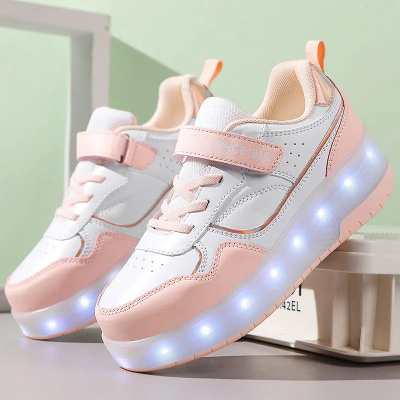 Children's charging flash rollerskates with LED lights in multiple colour options