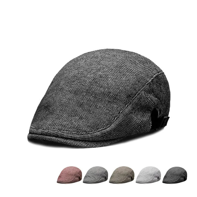 Men's adjustable beret in cotton-linen blend showing dome crown style in solid colour options