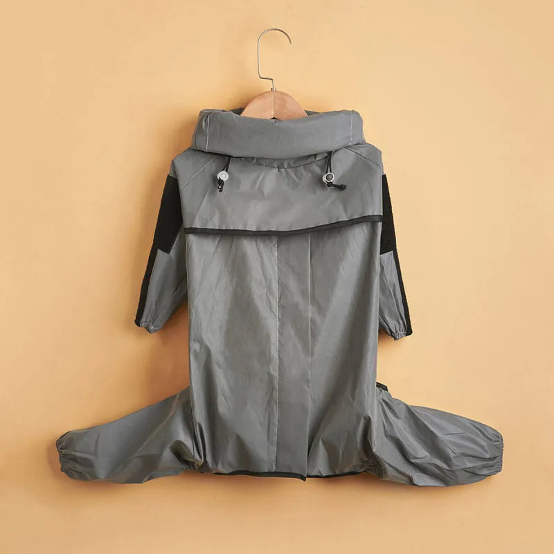 Silver reflective all-inclusive large dog raincoat with waterproof PU coated polyester fabric