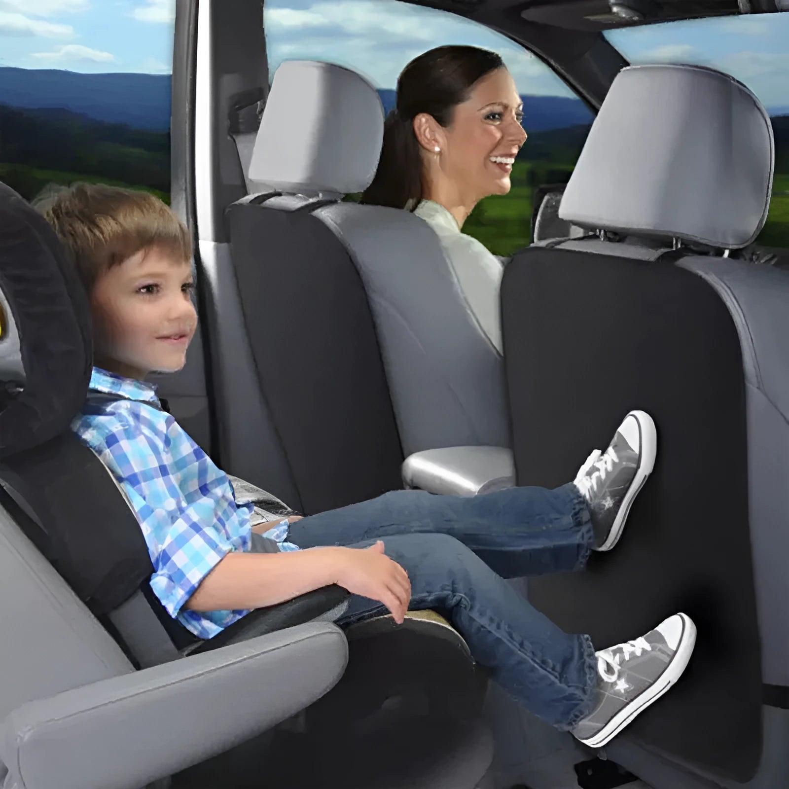 Black car seat back anti kick protection pad with flat business-style design on front seat back