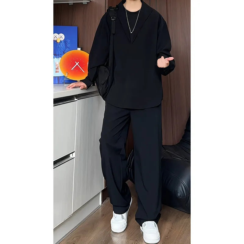 Men's casual two-piece suit with long sleeve polo shirt and trousers in black or apricot colours