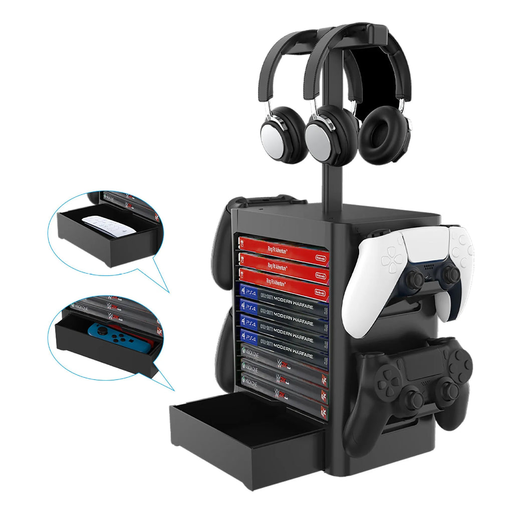 Black ABS plastic gaming console accessories storage rack with headphone stand, controller hooks, and drawer