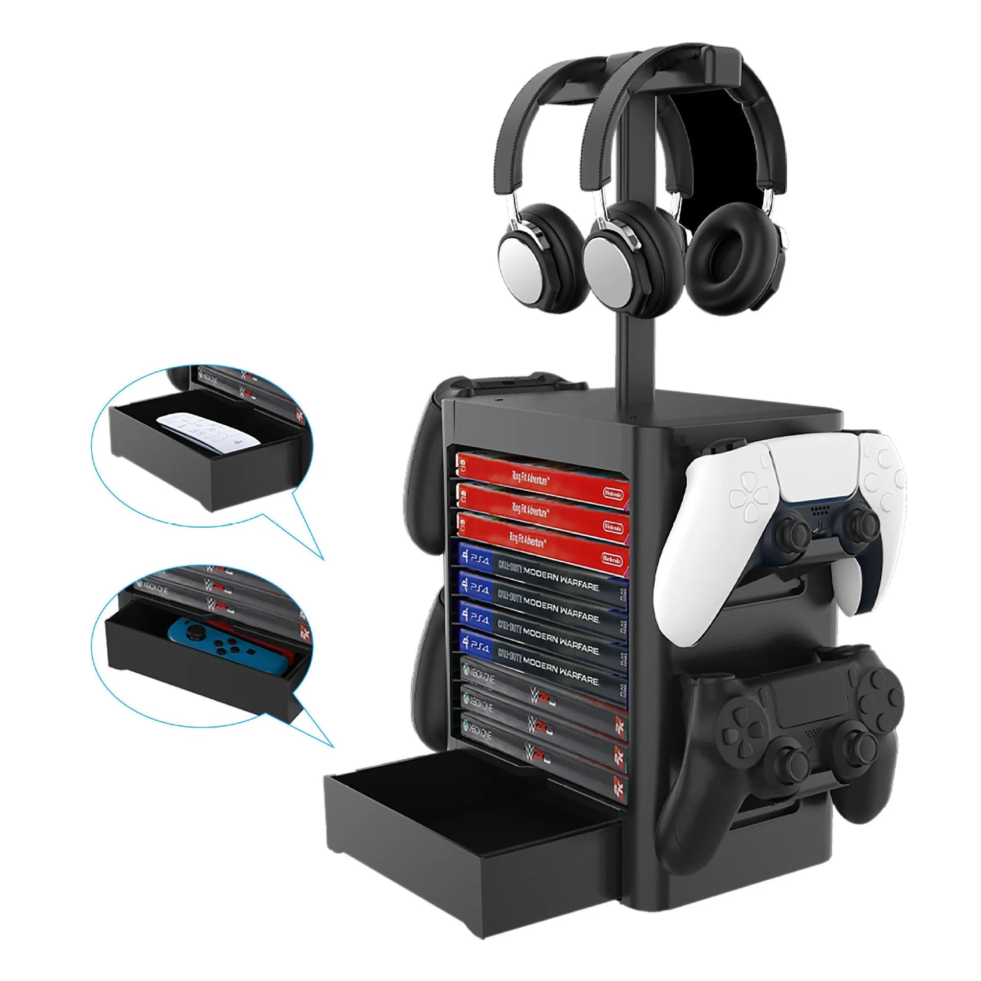 Black ABS plastic gaming console accessories storage rack with headphone stand, controller hooks, and drawer
