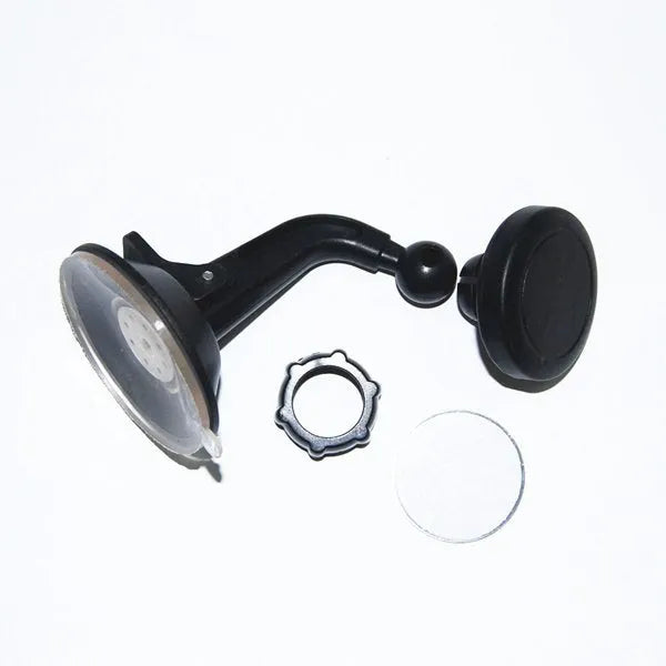Black magnetic car phone holder with 360-degree rotating bracket mounted on dashboard