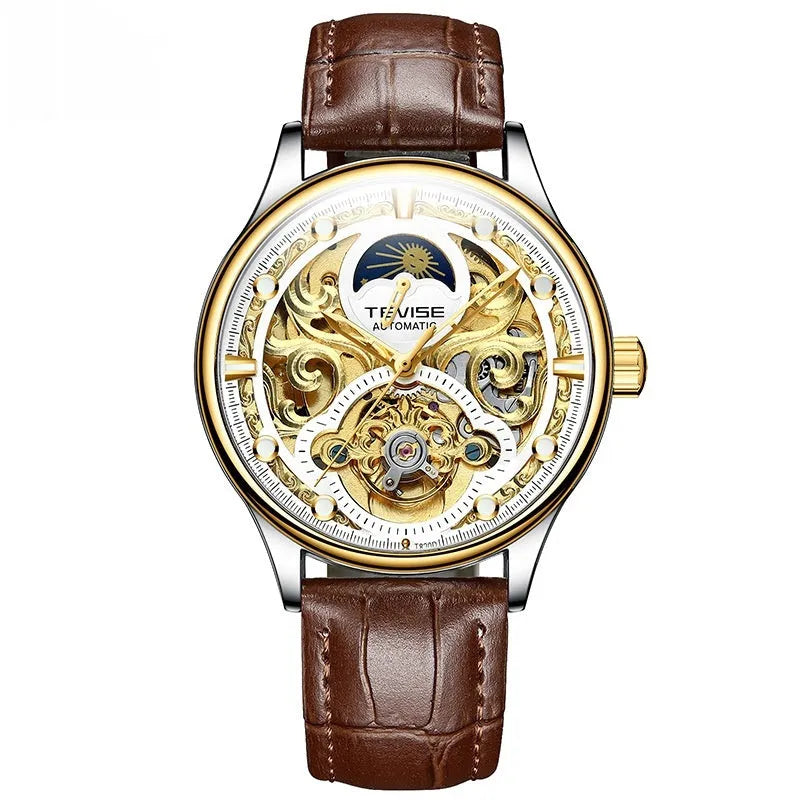 Men's gold leather strap automatic mechanical watch with waterproof case on wrist.