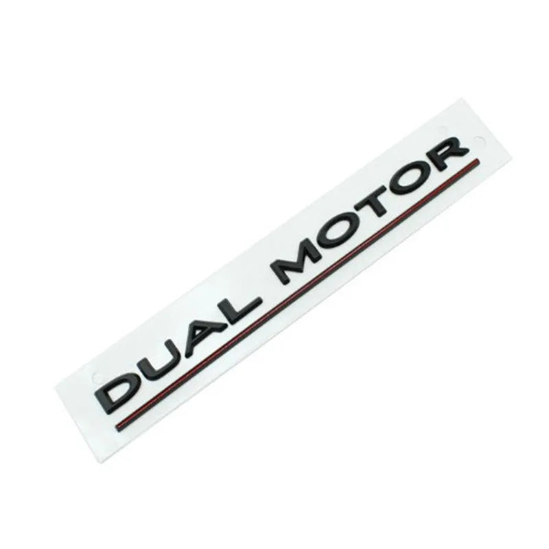 Tesla Model 3 black and red ABS plastic bumper sticker measuring 19x3cm with double motor text