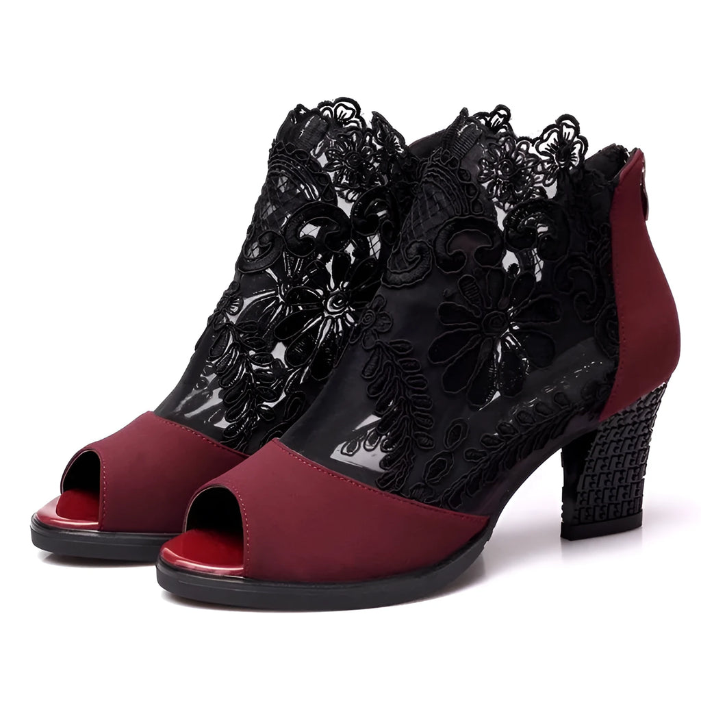 Lucyever women's black lace gladiator sandals with square high heel and zip closure on the ankle strap.