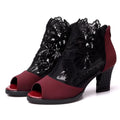 Lucyever women's black lace gladiator sandals with square high heel and zip closure on the ankle strap.