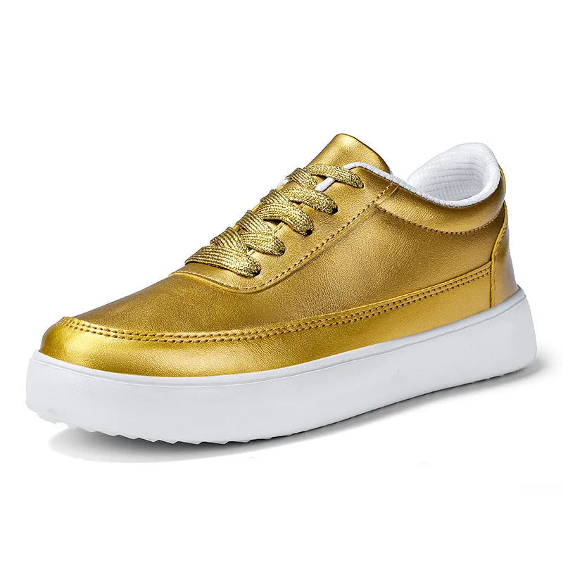 Women's leather lace-up casual flat shoes in white, silver, or gold colour
