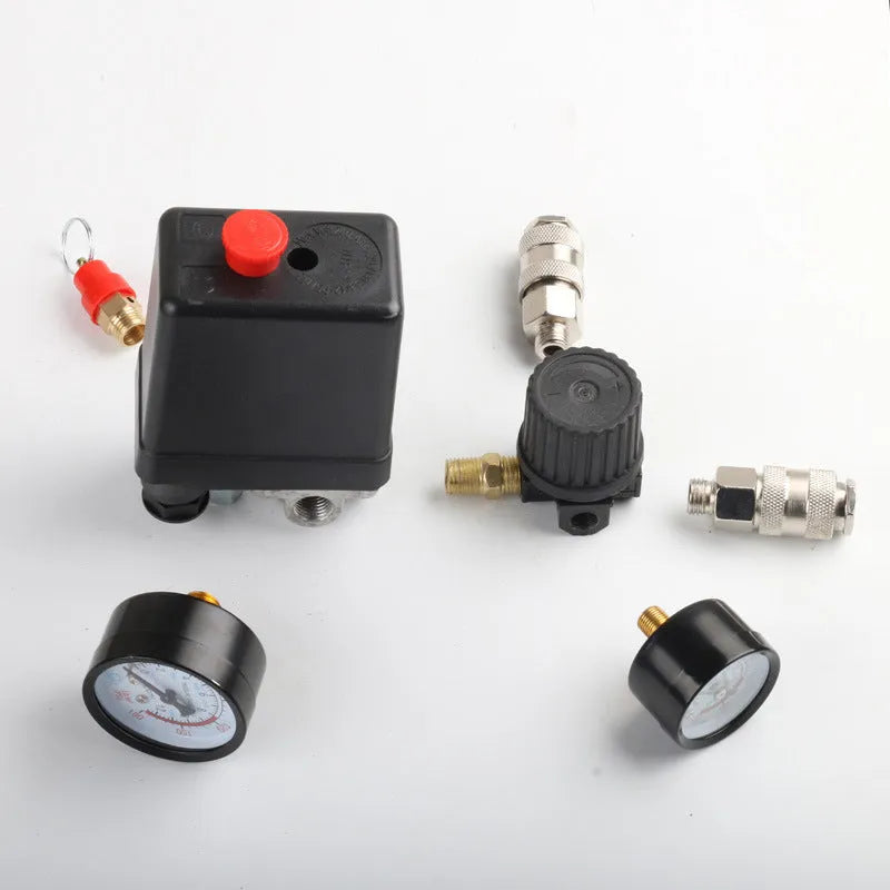 Air compressor pressure switch with gauge, 12MM connector, and adjustment dial for 0.5-0.8 MPA range.