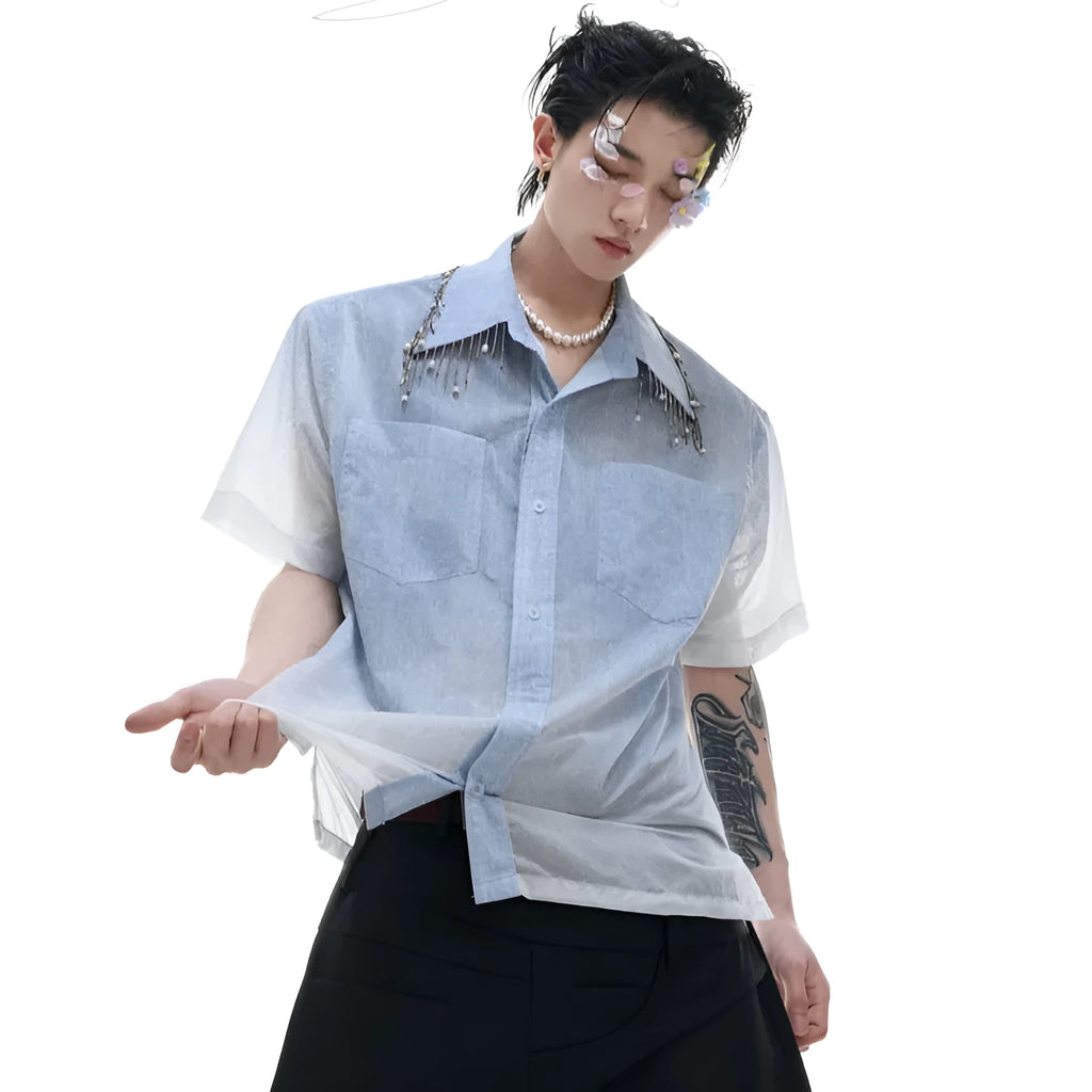 Blue gradient loose fit half sleeve polyester summer shirt laid flat.