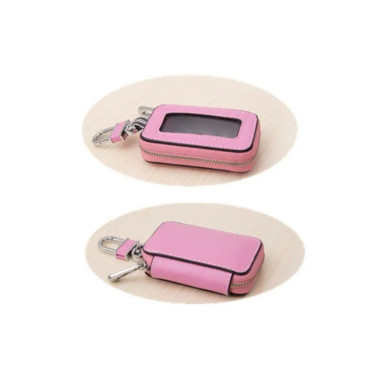White genuine leather car key case with plain weave pattern and square vertical shape