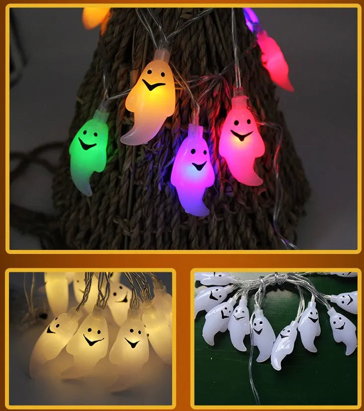 Halloween LED string lights with pumpkin, ghost, and bat decorations on a 1.2m white wire.