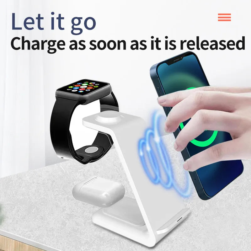 White upright 3-in-1 wireless charging stand holding a mobile phone in portrait orientation.