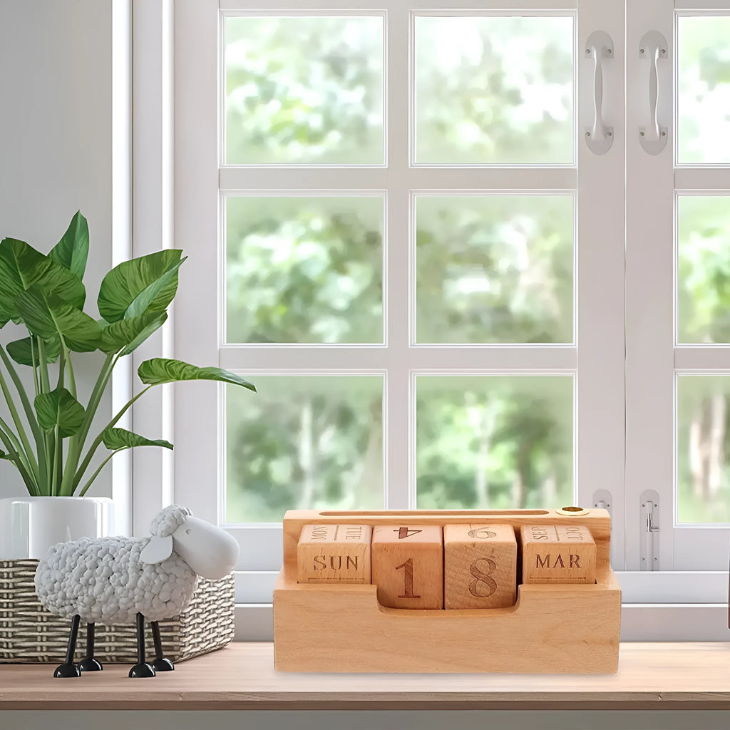 Solid wood perpetual desk calendar in simple modern style showing two size options