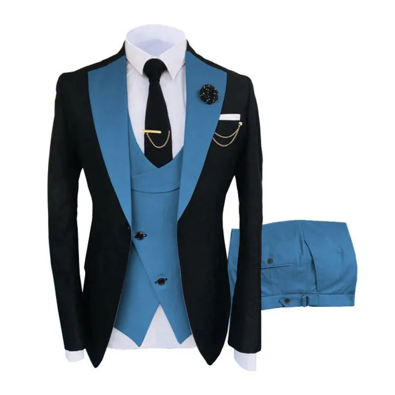 Men's slim fit cotton business suit set in black and wine red, featuring a coat, waistcoat, and trousers.