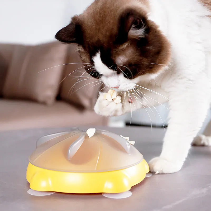Yellow plastic cat puzzle feeder plate with four rotating balls for slow feeding.