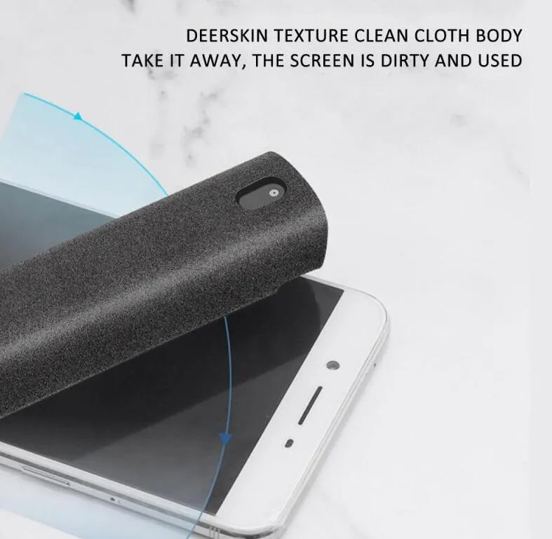 2-in-1 screen cleaner kit with spray bottle and microfiber cloth in pink and grey for phone and computer screens