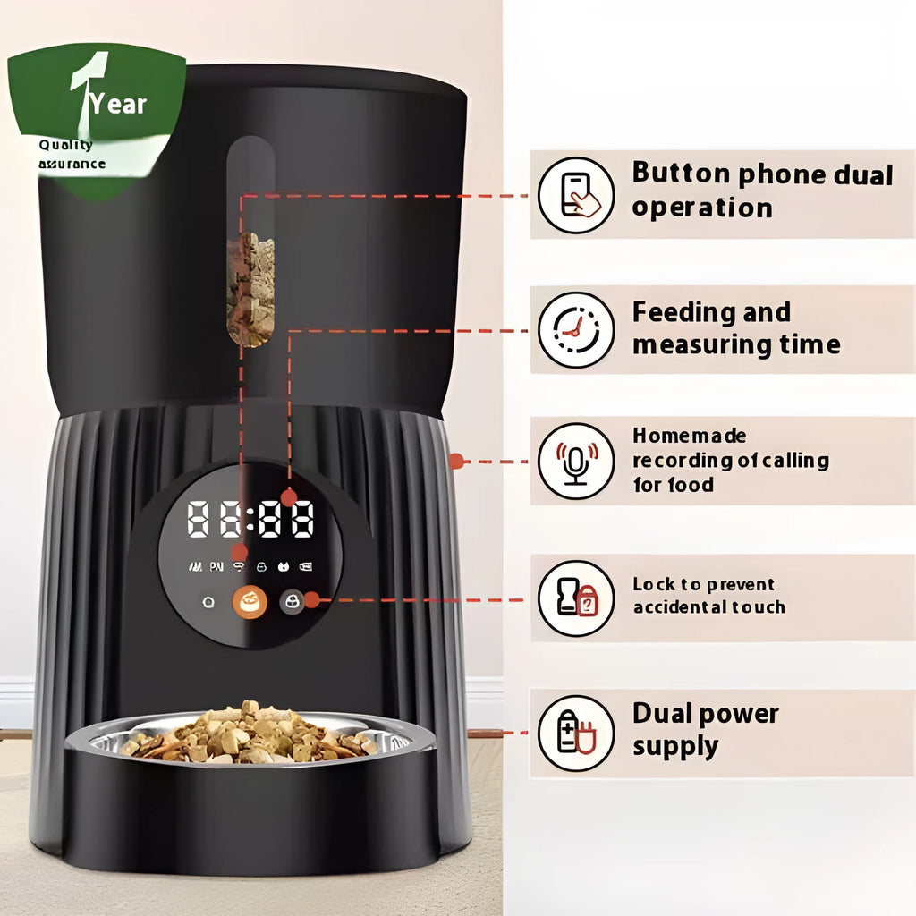 Black and white intelligent pet feeder with automatic timing and portion control for dry food