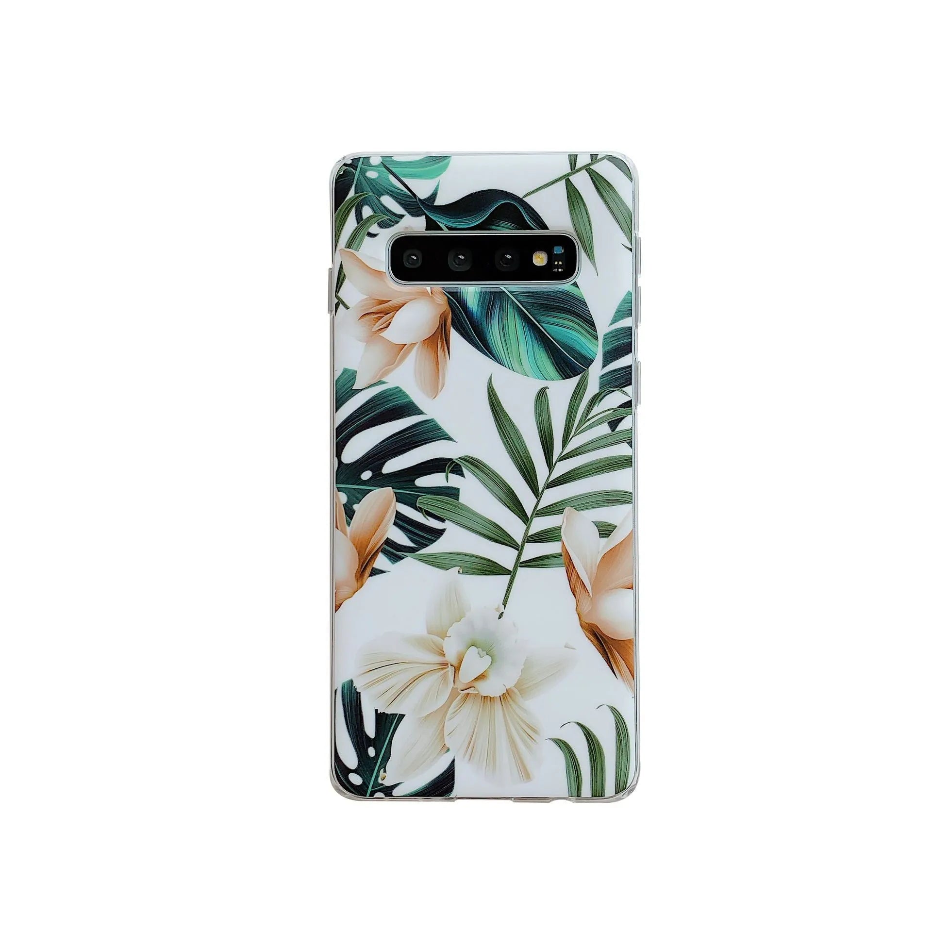 Samsung floral TPU phone case in safflower colour with green leaf design on a table.