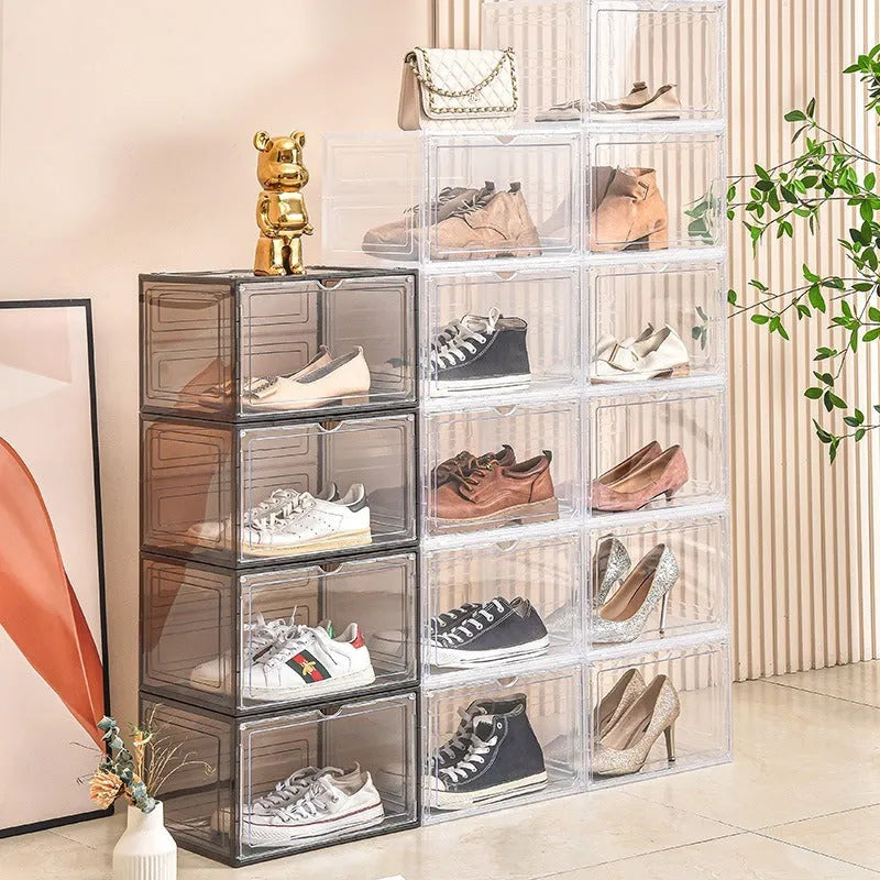 Clear acrylic shoe storage box with magnetic side door and lid