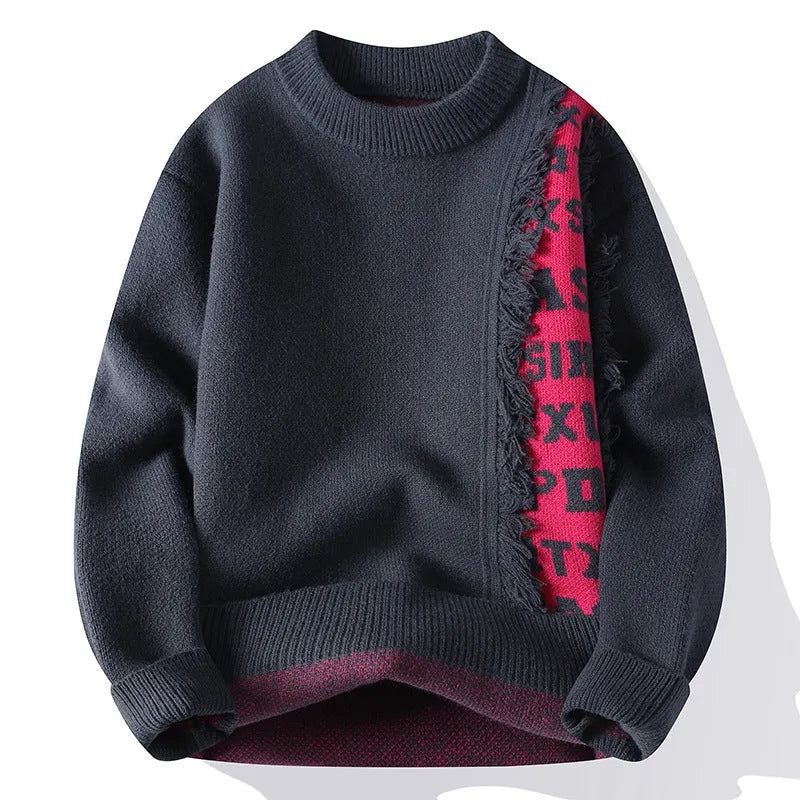 Men's loose fit grey knitted pullover jumper with long sleeves and a ribbed hemline.