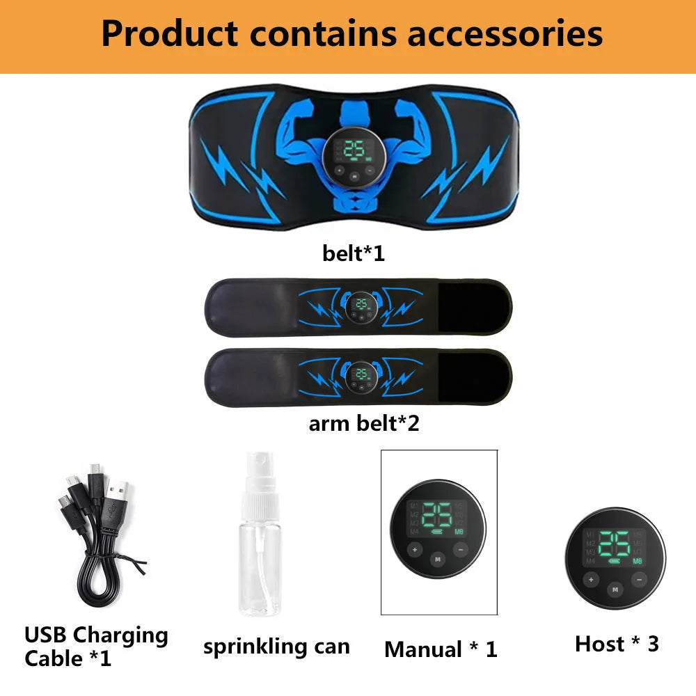 Blue EMS abdominal muscle stimulator belt with wireless remote control and rechargeable fitness system