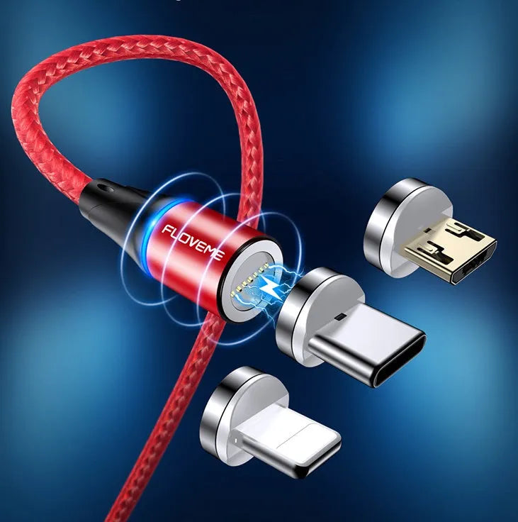 Magnetic data cable with LED side lights in black, red, or silver colour, compatible with Apple iPhone, Android, and Type-C devices