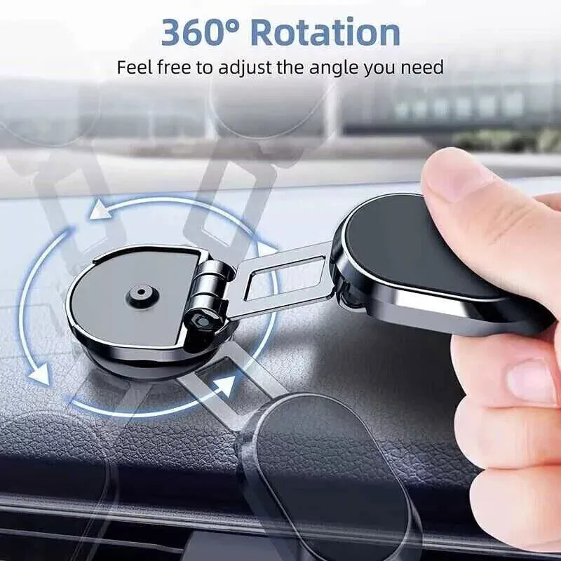 Stainless steel chrome magnetic car phone holder with folded and extended views on a dashboard.