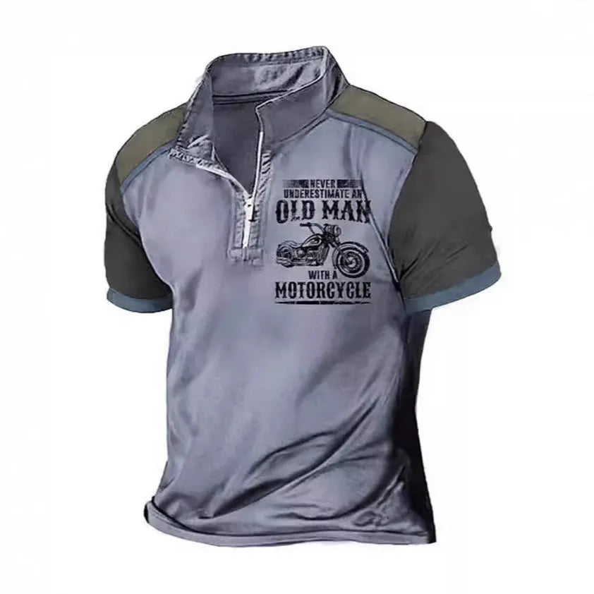 Men's casual short sleeve polo shirt with a digitally printed lapel and zipper details.