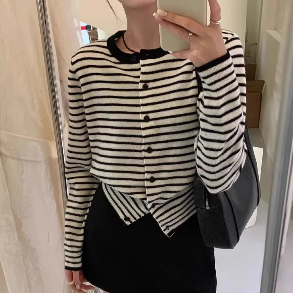 Women's French style slim fit striped cardigan coat in dark grey with white stripes