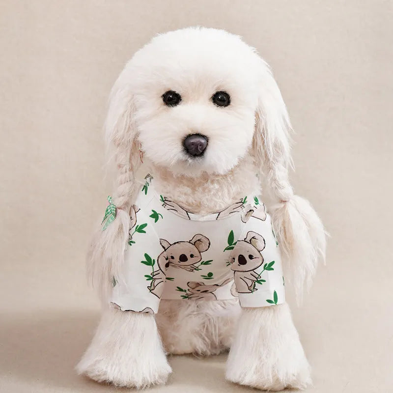 Printed full-body dog t-shirt for a small breed dog, shown in a casual setting.